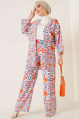 Kimono Karma Desen İkili Takım Oranj - Thumbnail