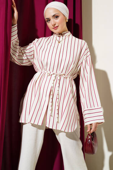 Kimono Kol Çizgili İp Kuşaklı Gömlek Bordo - Gömlek