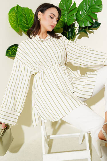 Kimono Kol Çizgili İp Kuşaklı Gömlek Haki - Gömlek