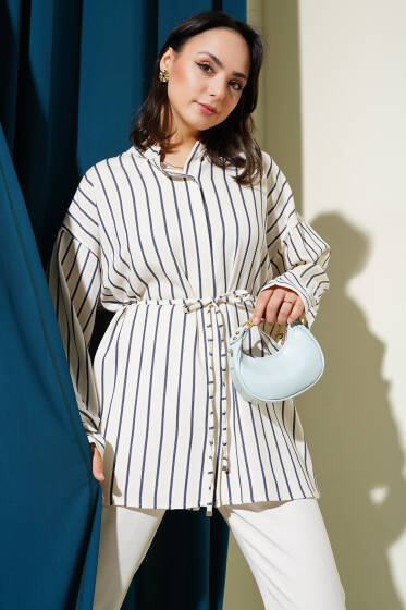 Kimono Kol Çizgili İp Kuşaklı Gömlek Lacivert - Gömlek