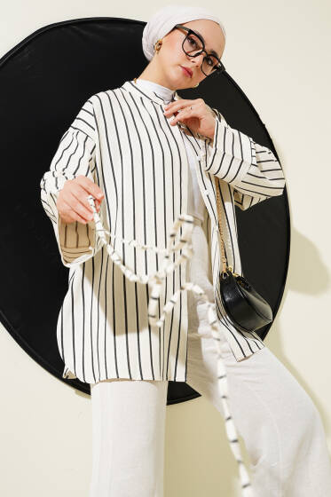 Kimono Kol Çizgili İp Kuşaklı Gömlek Siyah - Gömlek