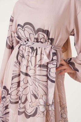 Kır Çiçeği Desen Beli Lastikli Şifon Elbise Bej - Thumbnail