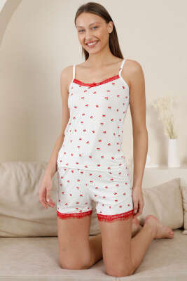 Kiraz Baskılı Askılı Şortlu Pijama Takım Beyaz