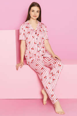 Kiraz Baskılı Çizgili Kısa Kol Pijama Takımı Pembe - Kadın Pijama Takımı