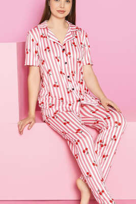 Kiraz Baskılı Çizgili Kısa Kol Pijama Takımı Pembe - Kadın Pijama Takımı