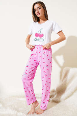 Kiraz Baskılı Kısa Kol Pijama Takımı Beyaz - Kadın Pijama Takımı