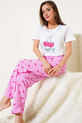 Kiraz Baskılı Kısa Kol Pijama Takımı Beyaz - ORIGINAL