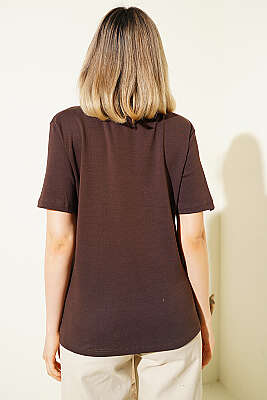 Kiraz Baskılı Mini Taşlı T-shirt Kahve - Kadın Giyim Modelleri