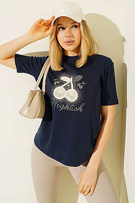 Kiraz Baskılı Mini Taşlı T-shirt Lacivert - DESTİNA