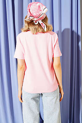 Kiraz Baskılı Mini Taşlı T-shirt Pembe - Kadın Giyim Modelleri