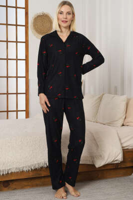Kiraz Baskılı Süet Pijama Takımı Siyah - Pijama