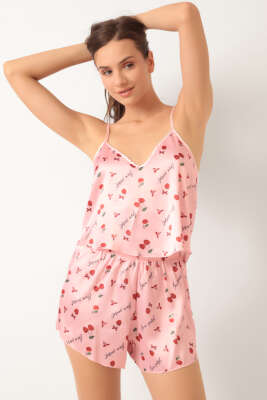 Kiraz Desen Askılı Saten Pijama Takımı Pembe - Kadın Pijama Takımı