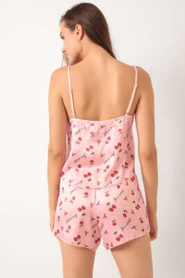 Kiraz Desen Askılı Saten Pijama Takımı Pembe - Kadın Pijama Takımı