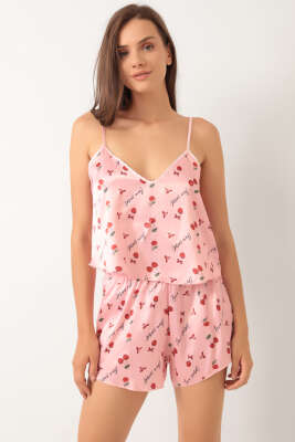 Kiraz Desen Askılı Saten Pijama Takımı Pembe - LOVE SECRET