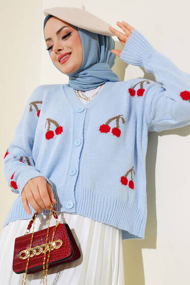 Kiraz Desen Düğmeli Kısa Hırka Mavi - Triko Hırka