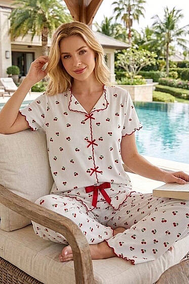 Kiraz Desen Kısa Kollu Fiyonklu Pijama Takımı Beyaz - Pijama