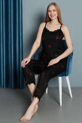 Kiraz Desenli Dantelli Sabahlıklı 3'lü Pijama Takımı Siyah - Kadın Pijama Takımı