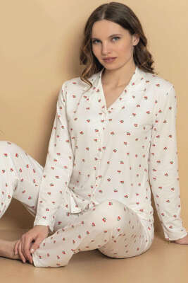 Kiraz Desenli Düğmeli Gömlek Yaka Pijama Takımı Beyaz - MANOLYA