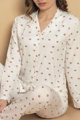 Kiraz Desenli Düğmeli Gömlek Yaka Pijama Takımı Beyaz - Pijama