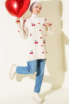 Kiraz Desenli Düğmeli Triko Hırka Bej - Hırka