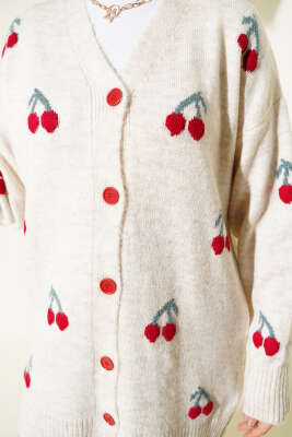 Kiraz Desenli Düğmeli Triko Hırka Bej - Hırka