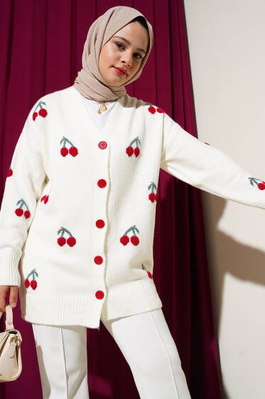 Kiraz Desenli Düğmeli Triko Hırka Ekru - Hırka
