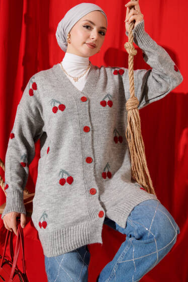 Kiraz Desenli Düğmeli Triko Hırka Gri - Hırka