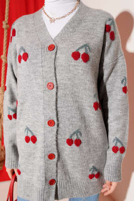 Kiraz Desenli Düğmeli Triko Hırka Gri - Hırka