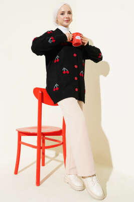 Kiraz Desenli Düğmeli Triko Hırka Siyah - Hırka