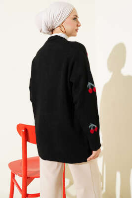 Kiraz Desenli Düğmeli Triko Hırka Siyah - Hırka