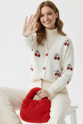 Kiraz Desenli Triko Hırka Ekru - VANİZA TRİKO