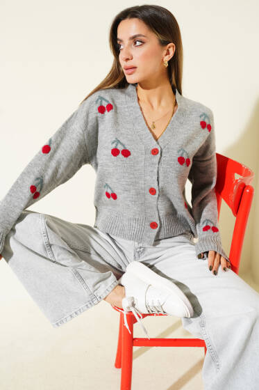 Kiraz Desenli Triko Hırka Gri - Kadın Giyim Modelleri