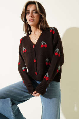 Kiraz Desenli Triko Hırka Kahve 