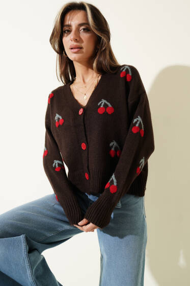 Kiraz Desenli Triko Hırka Kahve - Kadın Giyim Modelleri