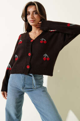 Kiraz Desenli Triko Hırka Kahve - Kadın Giyim Modelleri