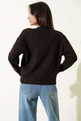 Kiraz Desenli Triko Hırka Kahve - Kadın Giyim Modelleri