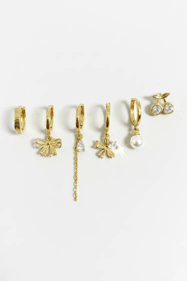 Kiraz Detaylı 6'lı Küpe Seti Gold - Küpe