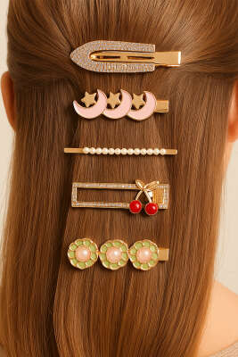 Kiraz Figürlü 5'li Toka Set Pudra 