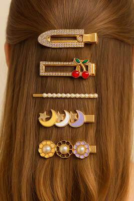 Kiraz Figürlü 5'li Toka Set Sarı Lila 