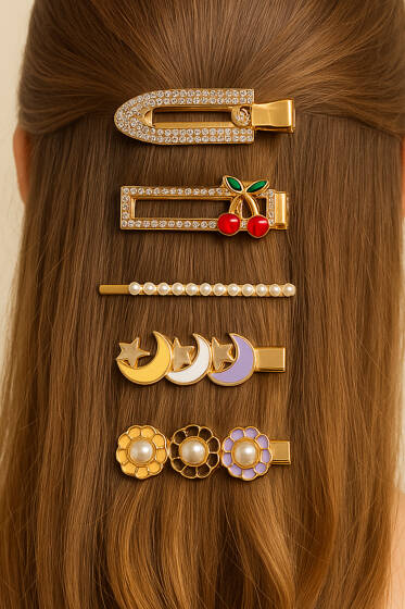 Kiraz Figürlü 5'li Toka Set Sarı Lila - Toka