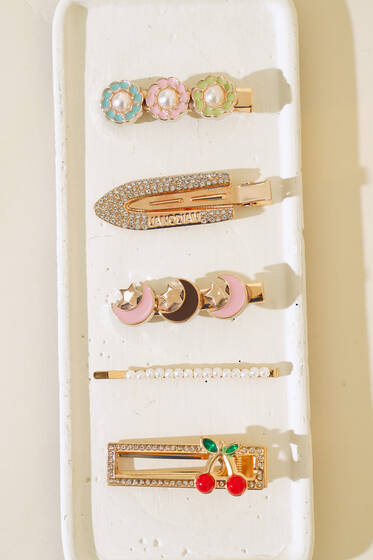 Kiraz Figürlü 5′li Toka Set Siyah Pudra - Toka