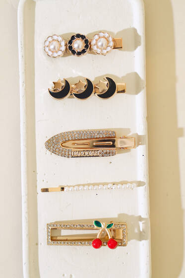 Kiraz Figürlü 5'li Toka Set Siyah - Toka