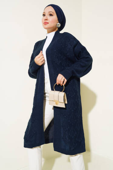 Kiraz Kabartma Triko Hırka Lacivert - Hırka