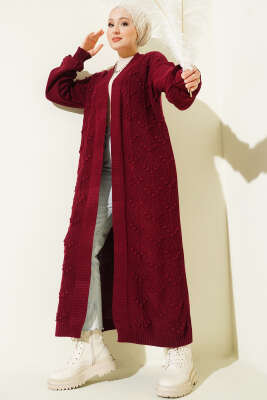 Kiraz Kabartmalı Uzun Triko Hırka Bordo - Hırka