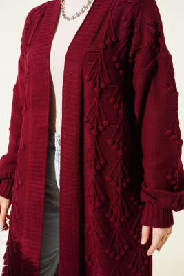 Kiraz Kabartmalı Uzun Triko Hırka Bordo - Hırka