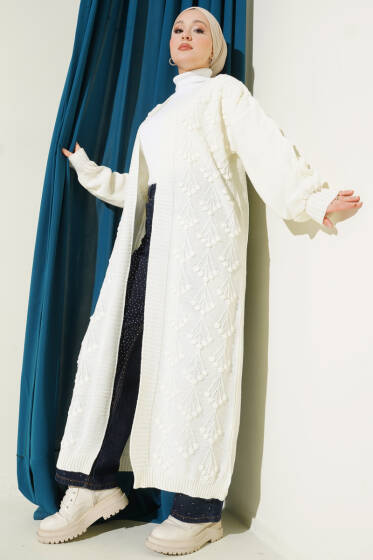 Kiraz Kabartmalı Uzun Triko Hırka Ekru - Hırka