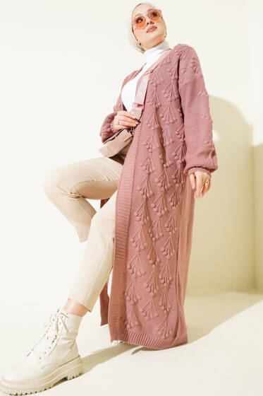 Kiraz Kabartmalı Uzun Triko Hırka Gül Kurusu - Hırka