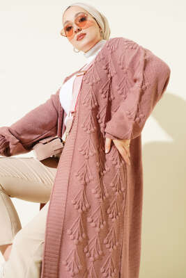 Kiraz Kabartmalı Uzun Triko Hırka Gül Kurusu - Hırka