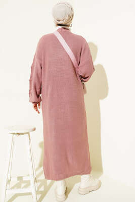 Kiraz Kabartmalı Uzun Triko Hırka Gül Kurusu - Hırka