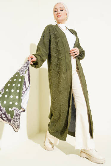 Kiraz Kabartmalı Uzun Triko Hırka Haki - Hırka